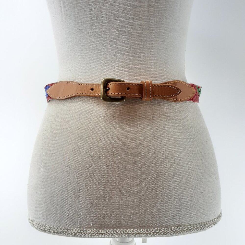 CDE Women's Beaded Fish Multicolored Belt Leather Boho Red White Blue size 28